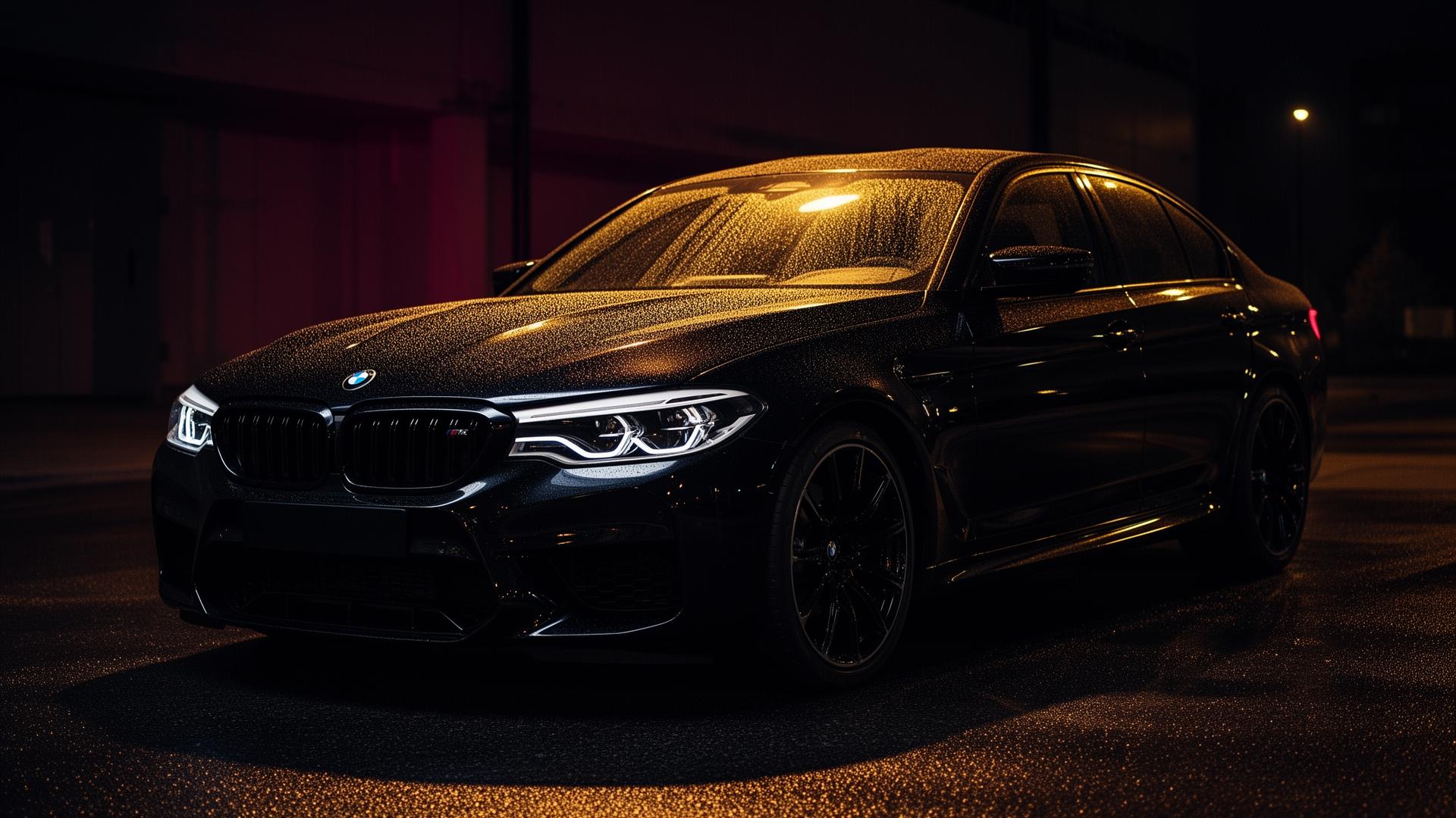 Freshly detailed black luxury sedan at night